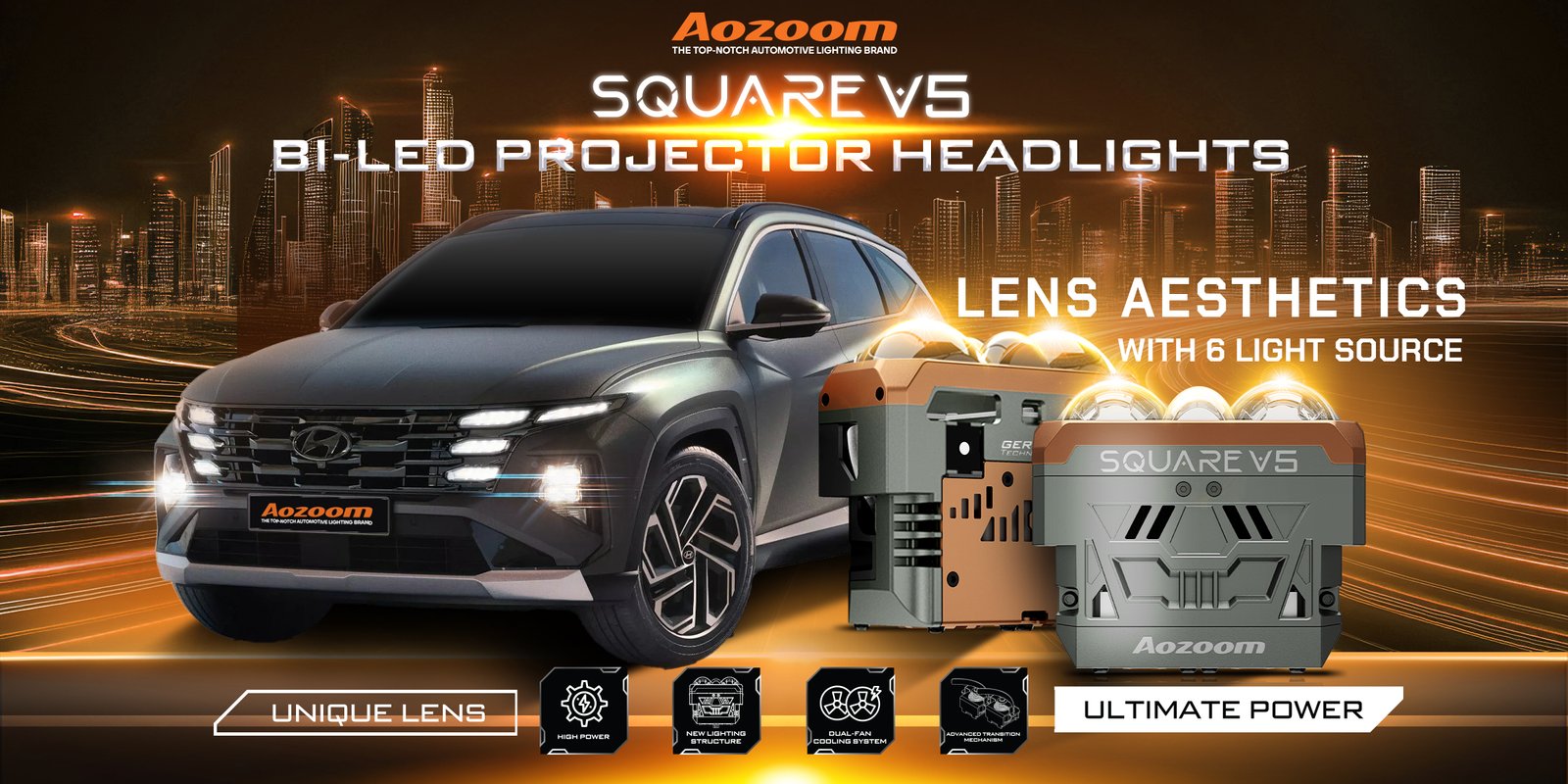 AOZOOM Square V5 ไฟโปรเจคเตอร์ Bi-LED 56W-90W 5000K รับประกัน 3 ปี